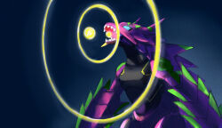  armalizamon armor blue_eyes cowboy_shot dark_background digimon digimon_(creature) digimon_beatbreak glowing glowing_eyes hashtag-only_commentary lizard pink_armor powering_up risyo sharp_teeth solo teeth 