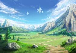  blue_sky clouds commentary_request day fantasy floating_city floating_island highres landscape meadow mountain nature no_humans original outdoors path rock same1029 scenery sky tree 