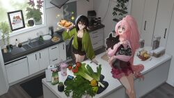  absurdres black_hair blue_eyes chili_pepper coffee_mug colored_skin commentary cooking cup cupboard cutting_board dog drawer dreamcharlie english_commentary food green_eyes green_sweater grey_skin highres hood hoodie indie_virtual_youtuber kitchen layna_lazar leaf long_hair mug olivia_monroe onion painting_(object) paper_towel pepper_shaker picture_frame pink_hair pink_hoodie pink_skirt plant plate pleated_skirt pointy_ears ponytail potato potted_plant salt_shaker sink sitting sitting_on_table skirt sparkle spring_onion sweater tomato vegetable very_long_hair virtual_youtuber 