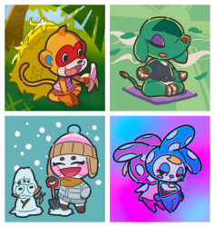  1boy 4girls animal_crossing back-to-back character_snowman chrissy_(animal_crossing) commentary_request eating elephant elephant_girl francine_(animal_crossing) genji_(animal_crossing) holding holding_bandana holding_shovel kopa_nishikida leaf meditation monkey monkey_boy multiple_girls opal_(animal_crossing) rabbit rabbit_girl shovel siblings simon_(animal_crossing) sisters snow snowman 