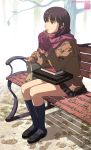  bench book brown_eyes brown_hair food highres legs lips original scarf school_uniform short_hair sitting skirt solo taiyaki wagashi yasumori_zen 