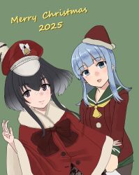  2025 absurdres beret black_hair black_pantyhose blue_eyes blue_hair blunt_bangs brown_eyes capelet commentary_request dress fur-trimmed_capelet fur-trimmed_headwear fur_trim green_background green_sailor_collar grey_hair hat hatsukaze_(christmas)_(kancolle) hatsukaze_(kancolle) highres kantai_collection long_hair long_sleeves looking_at_viewer neckerchief official_alternate_costume pantyhose red_capelet red_dress red_hat sailor_collar sailor_dress short_hair_with_long_locks sidelocks simple_background tokitsukaze_(kancolle) yellow_neckerchief yuushou 