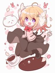  1girl :d abstract_background ahoge angora_rabbit apron arms_up belt black_boots black_outline blush_stickers boots bright_pupils brown_leggings brown_skirt buckle coffee collared_shirt commentary_request cup deformed falling_petals flower gochuumon_wa_usagi_desu_ka? hair_flower hair_ornament hairclip highres hoto_cocoa jumping leggings light_blush long_eyelashes looking_at_viewer multiple_hair_clips neru_(neruneruru) open_mouth orange_hair outline parallel_hairclips petals pink_apron plate rabbit rabbit_house_uniform rabbit_pose rabbit_symbol shirt simple_background skirt smile solo spilling spoon sugar_cube tippy_(gochiusa) tray violet_eyes white_background white_pupils white_shirt winter_uniform 
