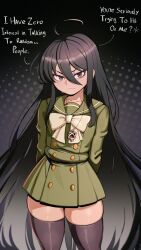  1girl absurdres ahoge amulet angry arms_behind_back black_hair black_thighhighs bow brown_eyes buttons closed_mouth collarbone deitysexual dotted_background double-breasted english_text flat_chest frown green_sailor_collar green_serafuku hair_between_eyes hair_spread_out highres jewelry long_hair long_sleeves looking_at_viewer misaki_high_school_uniform multicolored_hair necklace pendant petite sailor_collar school_uniform serafuku shakugan_no_shana shana simple_background skindentation skirt solo straight_hair streaked_hair thick_thighs thigh-highs thighs very_long_hair 