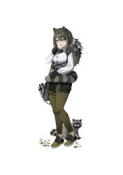  1girl absurdres animal animal_ears animal_hands arknights bags_under_eyes black_cross_tie breasts brown_hair brown_leggings collared_shirt commentary cross_tie english_commentary flower freckles hair_between_eyes highres holding holding_flower kimsuwan2013 knife leggings leggings_under_shorts long_hair long_sleeves looking_at_viewer ponytail raccoon raccoon_ears raccoon_girl raccoon_tail robin_(arknights) shirt shorts simple_background solo tail white_flower white_shirt yellow_eyes 