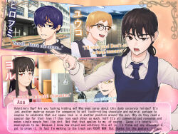  2boys 3girls bird black_eyes black_hair blonde_hair blue_eyes blue_hair building chainsaw_man commentary cross_scar denji_(chainsaw_man) ear_piercing english_commentary english_text fake_screenshot fourth_east_high_school_uniform gakuran glasses hair_intakes hershey's_kisses highres mitaka_asa mole mole_under_mouth multiple_boys multiple_girls one_eye_closed orange_eyes penguin photo_background piercing red_eyes scar scar_on_cheek scar_on_face scar_on_nose school_uniform spect_ion yoru_(chainsaw_man) yoshida_hirofumi yuko_(chainsaw_man) 