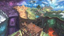  1boy 2girls artist_name blue_sky blue_slime_(terraria) brown_hair cave character_request closed_mouth clouds commentary_request day desert eater_of_worlds_(terraria) eye_of_cthulhu fantasy floating_island forest hammer highres holding holding_hammer ladder long_hair mechanic_(terraria) mountain multiple_girls nagi_itsuki nature ocean open_mouth orange_hair original outdoors parted_lips pickaxe pointy_ears ponytail river scenery short_hair sky terraria tree wall_of_flesh water waterfall 