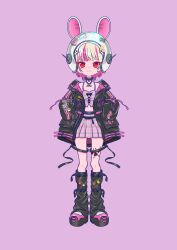  1girl 4_4dayo :3 animal_ears animal_helmet arm_belt bat_necklace belt belt_buckle black_belt black_collar black_jacket black_leg_warmers black_straps blunt_bangs blush buckle caution chain chain_necklace clothes_writing collar collarbone colored_inner_hair crop_top cross-laced_clothes cross-laced_top fake_animal_ears flame_print food_print fruit_print full_body grey_hair hands_in_pockets hashtag-only_commentary heart heart_print heart_sticker helmet highres jacket jewelry leg_belt leg_tattoo leg_warmers lightning_bolt_print looking_at_viewer loose_belt makaino_ririmu makaino_ririmu_(6th_costume) midriff miniskirt multicolored_hair multiple_belts navel necklace nijisanji o-ring o-ring_collar o-ring_thigh_strap open_clothes open_jacket pendant pink_belt pink_hair pink_jacket pink_shoes pink_skirt pink_streaks plaid_clothes plaid_skirt pleated_skirt pocket pointy_ears purple_background rabbit_ears red_eyes shoes short_hair simple_background skirt sleeves_past_fingers sleeves_past_wrists solo space_helmet spiked_collar spikes standing star_(symbol) star_sticker sticker straight-on strawberry_print streaked_hair studded_belt tattoo thigh_strap two-sided_fabric two-sided_jacket two-tone_hair unzipped virtual_youtuber white_helmet winged_heart winged_heart_tattoo wolf_cut 