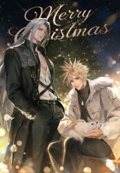  2boys animal_on_lap black_coat black_pants black_sweater blonde_hair blurry bokeh cat cat_on_lap christmas christmas_tree closed_mouth cloud_strife coat commission depth_of_field dog_tags feet_out_of_frame final_fantasy final_fantasy_vii fur-trimmed_coat fur_trim grey_hair hair_between_eyes hands_in_pockets highres jiyub light_smile long_bangs long_coat long_hair male_focus merry_christmas multiple_boys on_lap open_clothes open_shirt pants parted_bangs pectorals sephiroth shirt short_hair snake_print spiky_hair sweater turtleneck turtleneck_sweater white_coat white_shirt 