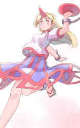  1girl ankle_cuffs arm_up blonde_hair blue_skirt breasts chain commentary_request cup foot_out_of_frame geta hand_up holding holding_plate horns hoshiguma_yuugi knees long_hair medium_breasts one-hour_drawing_challenge plate rangycrow sakazuki shirt single_horn skirt solo touhou white_background white_shirt wrist_cuffs 