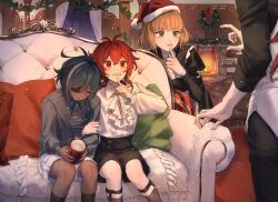  ahoge closed_eyes commentary couch diluc_(genshin_impact) eyepatch finger_to_mouth genshin_impact green_eyes hat highres kaeya_(genshin_impact) long_sleeves maid on_couch open_mouth red_eyes red_hair santa_hat shorts shushing sitting sleeping symbol-only_commentary tan teeth zehuij 