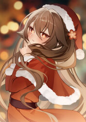  1girl alternate_costume alternate_hairstyle belt black_belt brown_hair commentary cowboy_shot flower_ornament genshin_impact gya_(144) hat highres holding holding_own_hair hu_tao_(genshin_impact) light_blush long_hair long_sleeves looking_at_viewer open_mouth red_eyes santa_costume santa_hat solo symbol-only_commentary symbol-shaped_pupils 