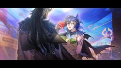  2boys :d ahoge animal_ear_fluff animal_ears apple arm_tattoo basket bat_ears bat_wings black_coat black_gloves black_hair black_shirt blue_eyes blue_hair blue_scarf cabbage capitano_(genshin_impact) carrot coat coat_on_shoulders commentary daikon day english_commentary facial_mark fingerless_gloves food fruit fur-trimmed_coat fur_trim game_screenshot_background genshin_impact gloves hair_between_eyes hand_up happy helm helmet heterochromia highres holding holding_basket holding_food holding_fruit hood hood_up letterboxed light_particles light_rays long_hair looking_at_another male_focus medium_hair multicolored_hair multiple_boys open_mouth ororon_(genshin_impact) outdoors purple_hair radish rope sang_sha scarf screenshot_background shirt shoulder_tattoo sleeveless sleeveless_shirt smile sparkle streaked_hair sunlight tattoo upper_body violet_eyes wings 