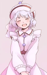  1girl :d blush closed_eyes commentary_request cowboy_shot frilled_cuffs frilled_hat frilled_vest_collar frills grey_hair hat head_tilt long_sleeves merlin_prismriver one-hour_drawing_challenge open_mouth own_hands_together pink_background pink_hat pink_shirt pink_skirt pink_vest rangycrow shirt skirt smile solo sun_hat_ornament touhou vest 