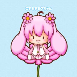  absurdres ahoge chibi chibi_only cosmos_(flower) detached_sleeves fang flower hatsune_miku highres long_sleeves looking_at_viewer miniskirt necktie on_flower open_mouth pink_flower pink_hair pink_necktie pink_skirt pink_sleeves pleated_skirt sh1n_chan shirt sitting skirt sleeveless sleeveless_shirt smile straight-on thick_outlines twintails vocaloid white_shirt 