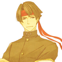  1boy ace_attorney armband black_hair black_jacket blunt_bangs blunt_ends brown_eyes closed_mouth collared_jacket commentary_request crossed_arms gakuran gold_buttons happy headband high_collar jacket kazuma_asogi lips long_sleeves looking_at_viewer male_focus nostrils parted_bangs red_headband school_uniform short_hair simple_background smile solo takamoriwako the_great_ace_attorney thick_eyebrows upper_body white_background yellow_armband 