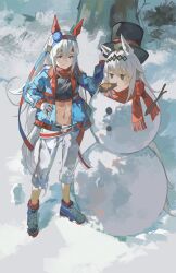  absurdres ahoge animal_ears belt blue_eyes blue_hairband blue_jacket blue_sports_bra carrot closed_mouth crop_top ear_covers ear_ornament fingerless_gloves food_in_mouth gloves grey_hair grey_tail hair_between_eyes hair_ornament hairband hat headband highres horse_ears horse_girl horse_tail jacket lightning_bolt_print lightning_bolt_symbol long_hair long_sleeves midriff multicolored_hair multicolored_hairband multiple_girls navel oguri_cap_(umamusume) pants red_belt red_headband red_scarf saturn_(saturn_illus) scarf shoes smile snow snowman sports_bra stick striped_clothes striped_hairband tail tamamo_cross_(umamusume) tamamo_cross_(with_lightning_speed)_(umamusume) top_hat two-tone_hairband umamusume very_long_hair white_gloves white_pants 