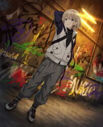  1girl bad_link belt blonde_hair blue_eyes fluorescent_lamp full_body gladgarb graffiti highres hood hoodie idolmaster idolmaster_shiny_colors jacket long_sleeves looking_at_viewer multicolored_belt pants serizawa_asahi shoes short_hair smile standing tongue tongue_out 