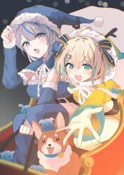  2girls alternate_costume amagai_ruka appare_hinata blonde_hair blue_dress blue_hat blue_streaks commentary_request dog dress fur-trimmed_dress fur-trimmed_headwear fur_trim grey_hair hat highres looking_at_viewer medium_hair mimiquilike multicolored_hair multiple_girls open_mouth santa_costume santa_dress santa_hat sleigh streaked_hair virtual_youtuber weather_planet 