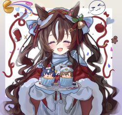  1girl animal_ears apple blue_scarf blush bow breasts brown_hair cape character-themed_food christmas christmas_stocking closed_eyes commentary_request cupcake dress food frilled_headband fruit fur_trim gingerbread_man gloves hair_between_eyes hair_bow headband heart highres holding holding_plate holly horse_ears horse_girl kk_(pixiv_83235599) long_hair mole mole_under_eye multicolored_hair open_mouth plate red_cape red_headband red_ribbon ribbon santa_costume scarf smile solo streaked_hair umamusume very_long_hair vivlos_(umamusume) white_dress 
