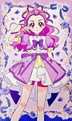  1girl alternate_costume artist_request back_bow bangs_pinned_back bare_legs blue_flower blue_rose bow bowtie buttons center_frills character_name choker closed_mouth collared_shirt commentary corset cowboy_shot cropped_jacket dot_nose dress_shirt english_commentary eyelashes flower forehead frilled_sleeves frills hair_bow hair_flower hair_ornament hair_ribbon hand_in_own_hair happy heart heart_of_string jacket layered_skirt light_blush long_hair looking_at_viewer mimino_kurumi neck_flower official_art open_clothes open_jacket outside_border pendant_earring picture_frame pink_eyes pink_flower pink_rose pink_shorts pleated_skirt precure puffy_short_sleeves puffy_sleeves purple_background purple_bow purple_bowtie purple_choker purple_corset purple_hair purple_jacket purple_ribbon purple_skirt purple_theme ribbon rose shirt short_sleeves shorts shorts_under_skirt skirt smile solo standing tareme thick_eyebrows third-party_source two-sided_fabric two-sided_jacket wavy_hair white_arm_warmers white_shirt white_skirt yellow_bow yes!_precure_5 yes!_precure_5_gogo! 