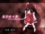  1girl blush bobby_socks bow brown_eyes brown_hair character_name cravat detached_sleeves dress frills hair_ribbon hakurei_reimu japanese_clothes long_hair mary_janes miko red_background red_dress ribbon shoes sitting smile socks solo title_drop touhou 