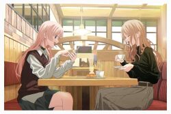  2girls bang_dream! bang_dream!_it's_mygo!!!!! black_sweater border brown_hair cellphone chihaya_anon closed_eyes commentary cup fang grey_eyes grey_skirt hashtag-only_commentary holding holding_cup holding_phone indoors long_hair long_sleeves multiple_girls nagasaki_soyo open_mouth phone pink_hair red_sweater_vest shirt sidelocks sitting skirt smartphone sweater sweater_vest white_border white_shirt yasou0049 