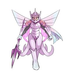  1boy armor black_bodysuit bodysuit boots clawed_gauntlets commentary eve_(kasugai_(de-tteiu)) fang halo high_ponytail holding holding_polearm holding_weapon kasugai_(de-tteiu) long_hair multiple_tails palkia palkia_(origin) personification pink_armor pink_boots pink_hair pink_halo pokemon polearm ponytail red_eyes shoulder_armor solo tail trident very_long_hair weapon wings 