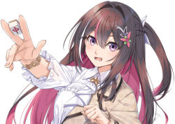  1girl :d ascot asymmetrical_sidelocks azki_(4th_costume)_(hololive) azki_(hololive) black_hair bracelet braid brown_jacket collared_dress colored_inner_hair commentary_request double-parted_bangs dress hair_between_eyes hair_intakes hair_ornament hairclip half-jacket half_up_half_down_braid holding holding_mahjong_tile hololive jacket jewelry long_hair mahjong_tile miri_(ago550421) mole mole_under_eye multicolored_hair open_mouth pink_hair pink_streaks sidelocks simple_background smile solo streaked_hair very_long_hair violet_eyes virtual_youtuber white_ascot white_background white_dress white_streaks 