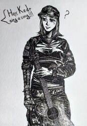  1girl ? bandaged_arm bandaged_hand bandages black_hat bordfunker133 camouflage camouflage_pants commentary confused digital_camouflage english_commentary gloves greyscale guitar hat highres holding holding_guitar holding_instrument instrument jacket knee_guards long_hair monochrome nervous_sweating olga_stashkina original pants patch photo_(medium) russian_ground_forces russo-ukrainian_war shirt shoulder_patch soldier solo spoken_question_mark standing striped_clothes striped_shirt sweat telnyashka vdv 