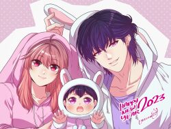  1girl 2023 2boys animal_ear_hood animal_ears animal_hood arthur_morante character_request chinese_zodiac closed_mouth collarbone commentary earrings english_commentary enjelicious gwen_zalameda happy_new_year hello_baby_(enjelicious) hood jewelry long_hair looking_at_viewer multiple_boys new_year open_mouth pink_background pink_eyes pink_hair polka_dot polka_dot_background purple_hair rabbit_ears rabbit_hood red_eyes short_hair signature twitter_username upper_body year_of_the_rabbit 