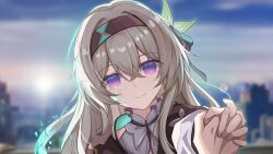  1girl 1other absurdres aqua_hair black_hairband blurry blurry_background cityscape closed_mouth commentary_request dissolving empty_eyes false_smile firefly_(honkai:_star_rail) glowing glowing_hair glowing_veins gradient_hair grey_hair hair_between_eyes hair_ornament hairband highres holding_hands honkai:_star_rail honkai_(series) interlocked_fingers long_hair multicolored_hair outdoors portrait pov pov_hands shirt smile sun veins violet_eyes white_shirt yami_(yangjiechen5) 