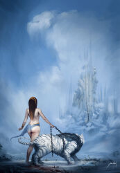  1girl ass blue_sky brown_hair building chain chain_leash clouds commentary english_commentary fantasy from_behind jjcanvas landscape leash long_hair original painterly revealing_clothes scenery see-through_loincloth signature sky statue tiger tower white_tiger 