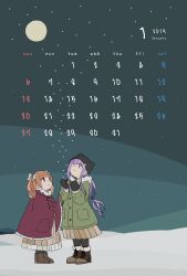  2019 2girls absurdres aisaki_emiru beanie black_hat black_mittens black_pantyhose blunt_bangs blush boots bow brown_boots brown_gloves brown_hair brown_skirt bun_cover calendar_(medium) cloak coat commentary_request cone_hair_bun deformed double_bun frilled_cloak full_moon fur-trimmed_boots fur-trimmed_cloak fur-trimmed_coat fur_trim gloves green_coat hair_bow hair_bun hair_tie hand_on_another's_head hat height_difference highres hugtto!_precure layered_sleeves long_hair long_sidelocks long_sleeves low_twintails medium_skirt mittens moon multiple_girls one-eyed pantyhose parted_lips pleated_skirt pocket precure purple_hair red_cloak ruru_amour sidelocks skirt sky snow snowing standing star_(sky) starry_sky takahoshi_(yunch327) twintails upturned_eyes very_long_hair violet_eyes wavy_hair white_bow winter winter_clothes 