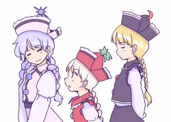  3girls arms_behind_back black_hat black_skirt black_vest blonde_hair blue_hair braid braided_ponytail braided_twintails brown_hair buttons closed_eyes collared_vest commentary_request crescent crescent_hat_ornament from_side hat hat_ornament juliet_sleeves light_blush long_sleeves looking_back lunasa_prismriver lyrica_prismriver merlin_prismriver multiple_girls pink_hat pink_skirt pink_vest puffy_sleeves rangycrow red_hat red_vest shirt shooting_star_hat_ornament skirt smile sun_hat_ornament touhou vest white_shirt 