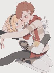  2girls :o absurdres aigis_(persona) android arms_around_back black_pantyhose blonde_hair blush bow bowtie brown_sweater earphones_removed face-to-face gold_hairband green_eyes hair_ornament hairband hairclip hand_on_another's_head heads_together highres hug joints mechanical_arms mechanical_legs multiple_girls o3o one_eye_closed pantyhose persona persona_3 persona_3_portable red_bow red_bowtie red_eyes red_hair red_scarf red_skirt robot_ears robot_joints scarf seiza shiomi_kotone short_hair simple_background sitting sitting_on_lap sitting_on_person skirt striped_clothes striped_sweater sweater tbjj1208 white_background yuri 
