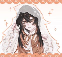  1girl amo_empool blush border bow bowtie closed_mouth diagonal-striped_bow diagonal-striped_bowtie diagonal-striped_clothes gachiakuta highres horizontal_pupils iluvuv jacket lace lace-trimmed_sleeves lace_border lace_trim long_hair multicolored_hair orange_border orange_bow orange_bowtie orange_eyes orange_hair ornate_border simple_background smile solo sparkle streaked_hair striped_bow striped_bowtie striped_clothes veil white_background white_jacket white_veil wide_sleeves 