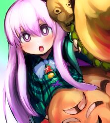  2girls :o blue_bow blue_bowtie blush bow bowtie buttons commentary_request cowboy_shot green_shirt hata_no_kokoro highres komeiji_koishi long_hair long_sleeves looking_at_viewer mask mask_on_head multicolored_buttons multiple_girls open_mouth orange_skirt peso_(cheese_company) pink_eyes pink_hair plaid_clothes plaid_shirt shirt skirt skirt_cutout solo_focus touhou 