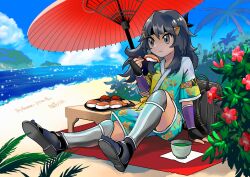  1girl absurdres armor artist_name backpack bag beach beach_mat black_gloves black_hair black_headband black_sandals black_socks bracer chinchira chopsticks commission commissioner_name commissioner_upload english_commentary festival_jinbei fingerless_gloves fish_(food) food gloves greaves green_tea grey_eyes hair_ornament headband highres holding holding_chopsticks holding_with_chopsticks ikura_(food) long_hair messy_hair nigirizushi oil-paper_umbrella on_ground original pokemon rhea_(stryker324) sandals skeb_commission socks solo sushi tea umbrella unworn_backpack unworn_bag 