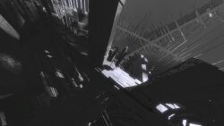 1girl absurdres commentary english_commentary grand_piano greyscale highres instrument monochrome original piano scenery science_fiction shiej007 solo space space_station very_wide_shot 