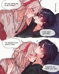 2boys black_shirt blush closed_eyes closed_mouth genshin_impact highres jewelry kaedehara_kazuha looking_at_another menaeru0 multiple_boys necklace open_mouth pillow red_eyes scaramouche_(genshin_impact) shirt speech_bubble wanderer_(genshin_impact) watermark white_hair white_shirt yaoi