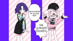  1girl 1other :o akiyama_mizuki asahina_mafuyu bare_legs baseball_cap black_choker black_hair black_shorts black_skirt blue_eyes blush_stickers bokutachi_no_seizon_tousou_(project_sekai) chain choker closed_eyes commentary_request cropped_jacket curtained_hair english_text feet_out_of_frame green_jacket grey_tank_top hands_up hat highres hood hood_down hooded_jacket index_finger_raised jacket korean_commentary long_hair long_sleeves mesmerizer_(vocaloid) multicolored_jacket off-shoulder_shirt off_shoulder official_alternate_costume official_alternate_hair_length official_alternate_hairstyle open_mouth parody parted_bangs parted_lips paw_print pink_hair pink_shirt ponytail project_sekai purple_hair s7r4wb3rry_cp scene_reference shirt short_hair short_ponytail shorts sidelocks skirt smile speech_bubble standing straight_hair tank_top torn_clothes torn_shorts two-sided_fabric two-sided_jacket 