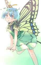  1girl antennae black_shirt blue_hair butterfly_wings commentary_request eternity_larva fairy fairy_wings foot_out_of_frame green_background green_sash green_skirt hair_ornament insect_wings leaf_hair_ornament leg_up light_blush one-hour_drawing_challenge orange_eyes parted_lips pointy_ears rangycrow sash shirt short_sleeves sideways_glance skirt solo touhou wings 