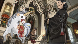  armor black_eyes black_hair chinese_zodiac edmont_de_fortemps elezen elf facial_hair final_fantasy final_fantasy_xiv glowing helmet highres japanese_armor japanese_clothes kabuto_(helmet) masayoshi_inoue mustache new_year official_art pointy_ears promotional_art shield square_enix unicorn window year_of_the_horse 