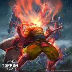  1boy armor blown_away breastplate bush capcom character_request clenched_hands clouds cloudy_sky copyright_logo copyright_name copyright_notice copyright_request dynamic_pose falling_leaves fishnets footwear_request gauntlets grey_sash head_back headwear_request highres hip_armor holding holding_sword holding_weapon huge_weapon japanese_armor katana large_horns leaf leg_armor legs_apart light_particles logo long_hair midair motion_blur muscular muscular_male official_art on_grass outdoors pants people red_armor red_aura red_hair rope_around_waist sky solo_focus standing surrounded sway_back sword teppen tiger_boy weapon yellow_pants yu_cheng_hong 