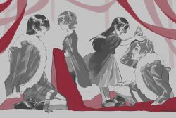  4girls absurdres aged_down aijou_karen arm_on_thigh arm_up blue_eyes blush boots brown_eyes child cloak closed_eyes commentary coronation dual_persona flower from_side full_body fur-trimmed_jacket fur_trim grey_background greyscale grin hair_flower hair_ornament hand_on_lap hands_up highres holding holding_tiara indian_style jacket jacket_on_shoulders kagura_hikari leaning_forward ling_(chaaaaanhikari) long_hair long_sleeves looking_at_another medium_skirt miniskirt monochrome multiple_girls open_mouth pantyhose parted_lips pleated_skirt profile putting_on_headwear red_ribbon ribbon shoe_soles shoes short_hair shoujo_kageki_revue_starlight single_horizontal_stripe sitting skirt smile sparkle_hair_ornament spot_color standing striped_clothes striped_skirt tassel tiara wariza 
