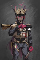 1girl absurdres animal_ear_fluff animal_ears assault_rifle belt black_suit blood blood_on_knife blood_on_weapon blue_archive bulletproof_vest commentary_request eotech explosive feet_out_of_frame fox_ears fox_girl fox_platoon_(blue_archive) fox_tail furrowed_brow gloves glowing glowing_eyes grenade grey_hair grey_tail gun h&amp;k_hk416 halo headphones highres holding holding_gun holding_knife holding_weapon implied_extra_ears knife laser_sight looking_at_viewer magazine_(weapon) microphone military military_combat_uniform military_uniform night_vision_device odi original radio red_eyes red_gloves red_halo rifle solo standing suit tactical_clothes tail weapon yukino_(blue_archive) 