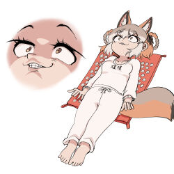  1girl animal_ears black_ribbon brown_hair extra_ears fox_ears fox_girl fox_tail full_body grey_hair highres island_fox_(kemono_friends) kemono_friends kemono_friends_v_project long_hair mcgunngu pajamas ribbon simple_background sleeping solo tail teeth virtual_youtuber yellow_eyes 