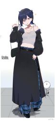  1girl absurdres alternate_costume alternate_hairstyle bag baggy_pants black_hair black_jacket black_overskirt black_shoes blue_horns camisole character_name collarbone commentary_request earrings full_body grey_camisole hair_between_eyes half_updo handbag highres horns ichinose_uruha jacket jewelry looking_at_viewer lupinus_virtual_games midriff multicolored_hair navel necklace overskirt pants parted_bangs pink_eyes plaid_clothes plaid_pants ring shoes simple_background simuyutou single_bare_shoulder single_off_shoulder small_horns solo spaghetti_strap standing streaked_hair tongue tongue_out virtual_youtuber vspo! white_background 