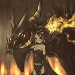  adult cleavage dragon final_fantasy final_fantasy_iv fire highres miyamae_porin rydia sepia thigh-highs 